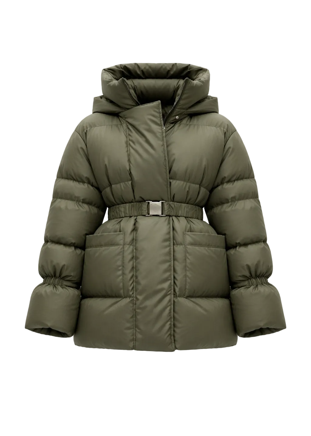 Khaki Goose-Down Puffer Coat with Adjustable Waist – Winterfall