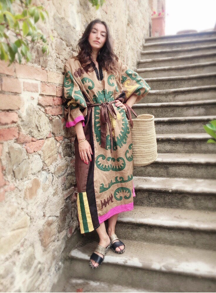 Embroidered midi linen brown dress with ornaments - Amina