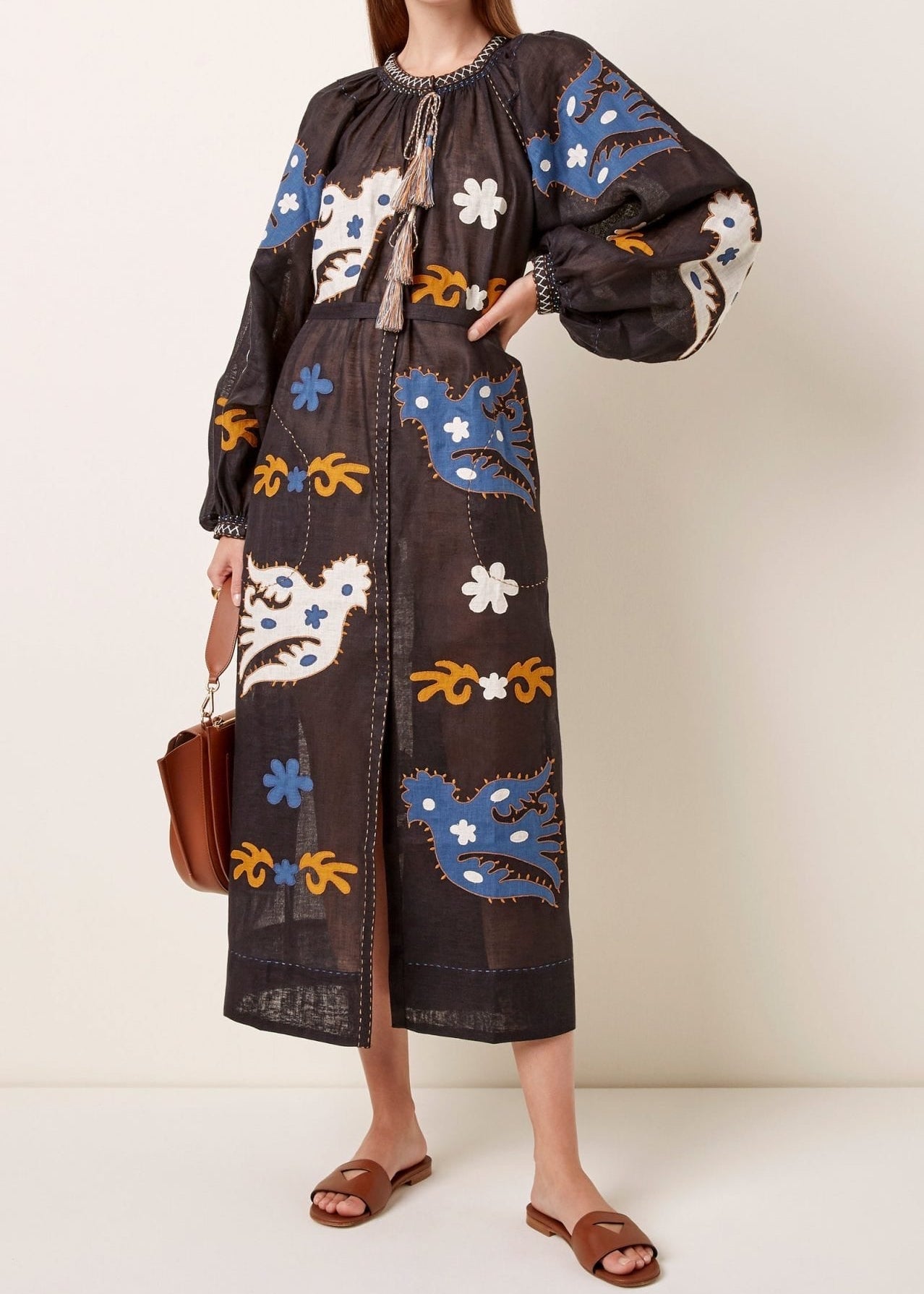 Natural Linen Midi Dress with Colorful Embroidery – Manarola