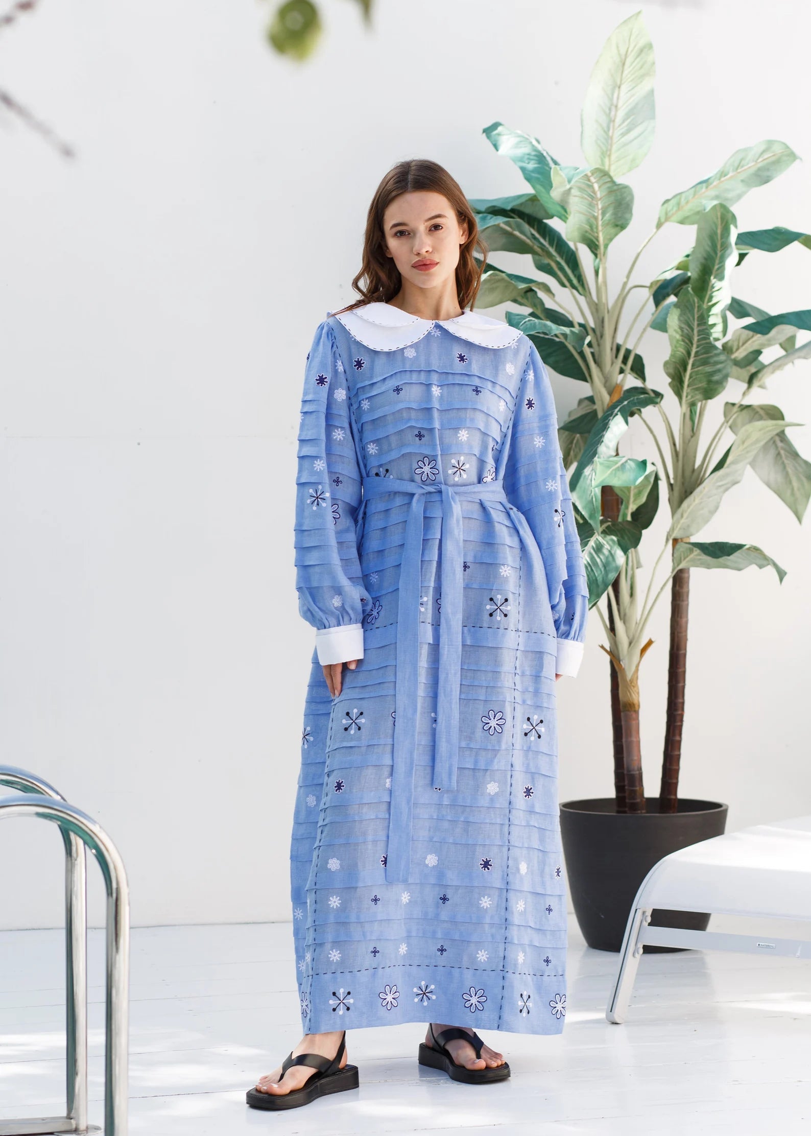 Natural Linen Embroidered Midi Dress – Agatha