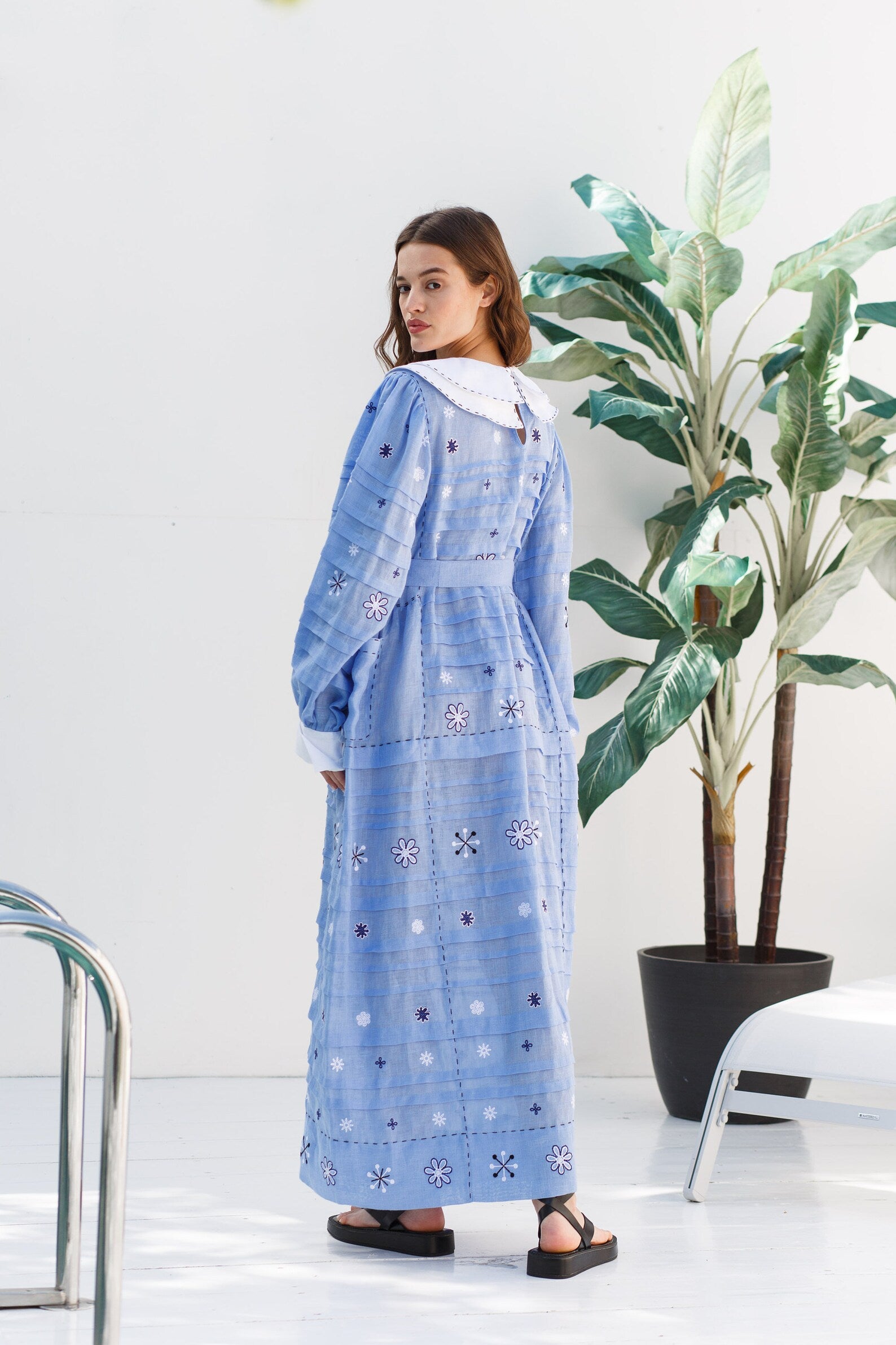 Natural Linen Embroidered Midi Dress – Agatha