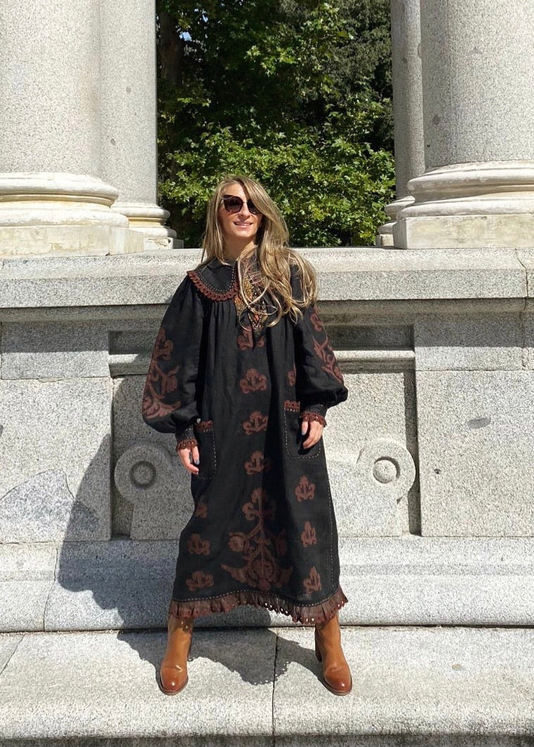 Natural Linen Black Midi Dress with Embroidered Details – Doris
