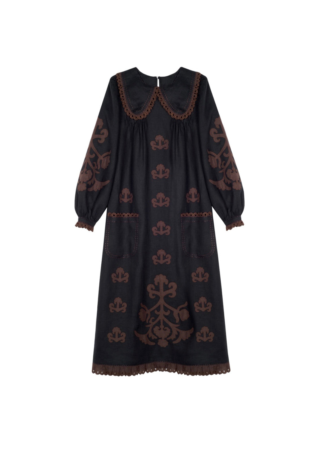 Natural Linen Black Midi Dress with Embroidered Details – Doris