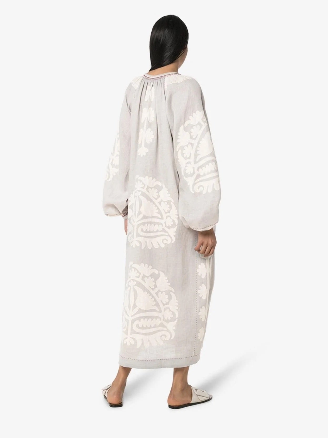 Natural Linen Midi Dress with Decorative Embroidery – Aelia