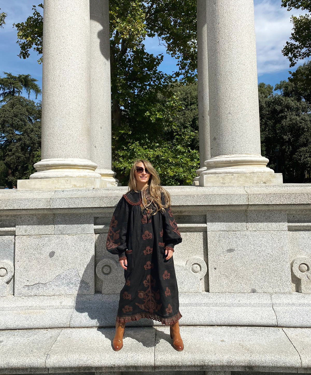 Natural Linen Black Midi Dress with Embroidered Details – Doris