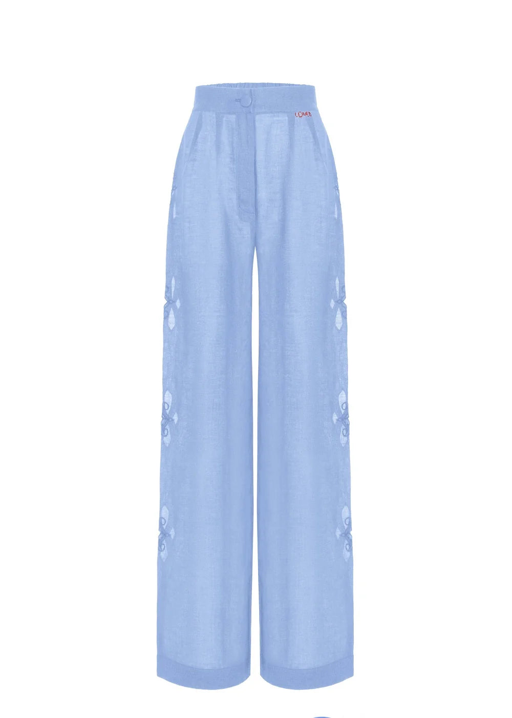 Pantaloni lungi albaștri din in cu decupaje