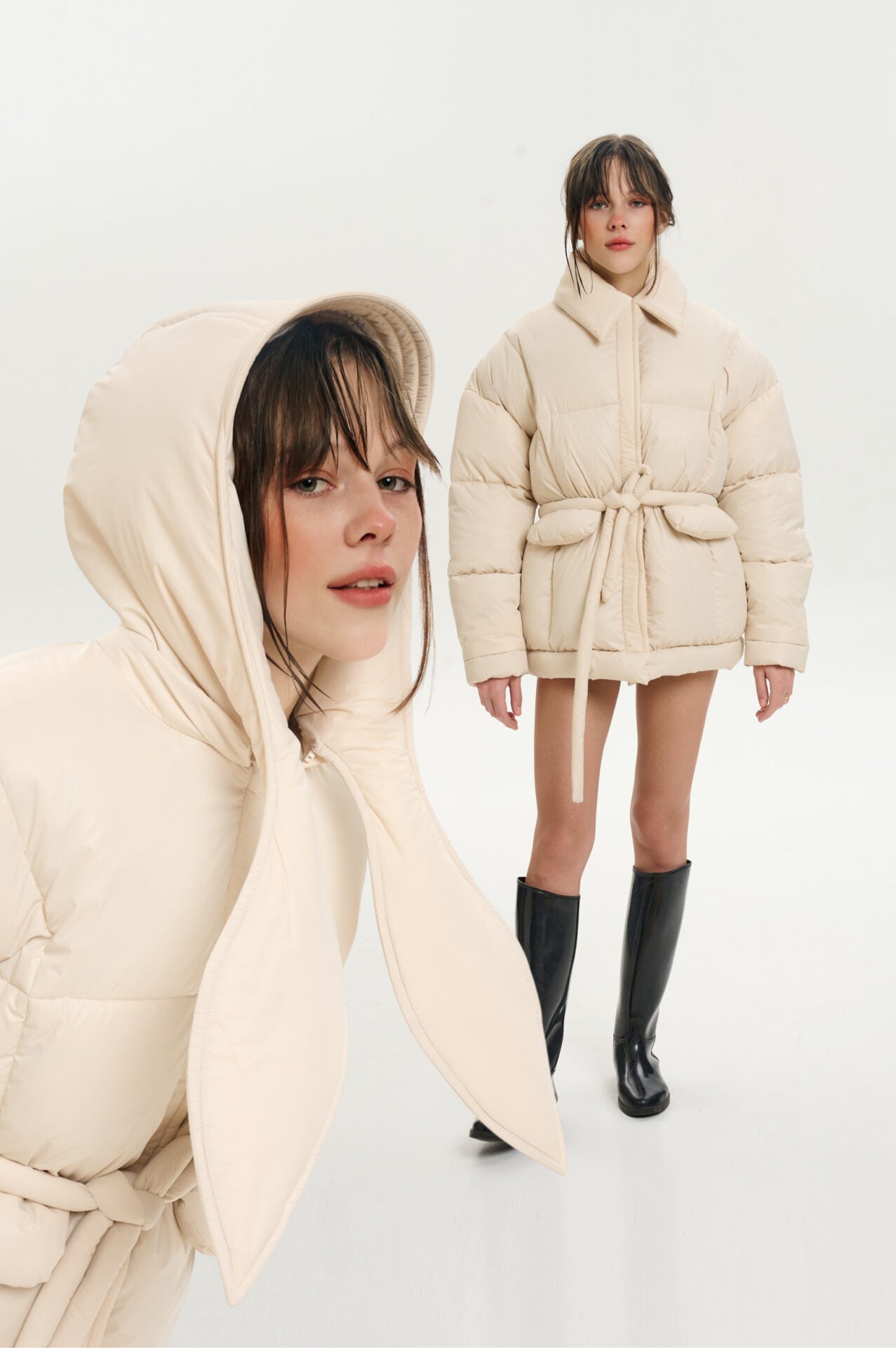 Geacă puffer cu glugă iepuraș și eșarfă Milk