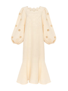 Beige Linen Embroidered Dress Yasmin