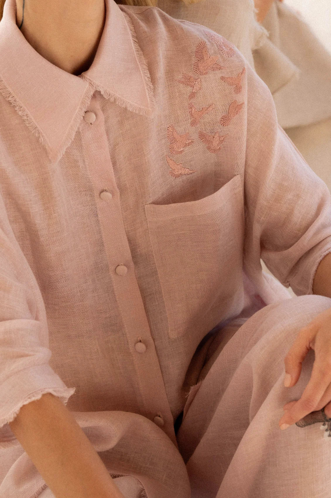 Pink Linen Shirt with Bird Embroidery