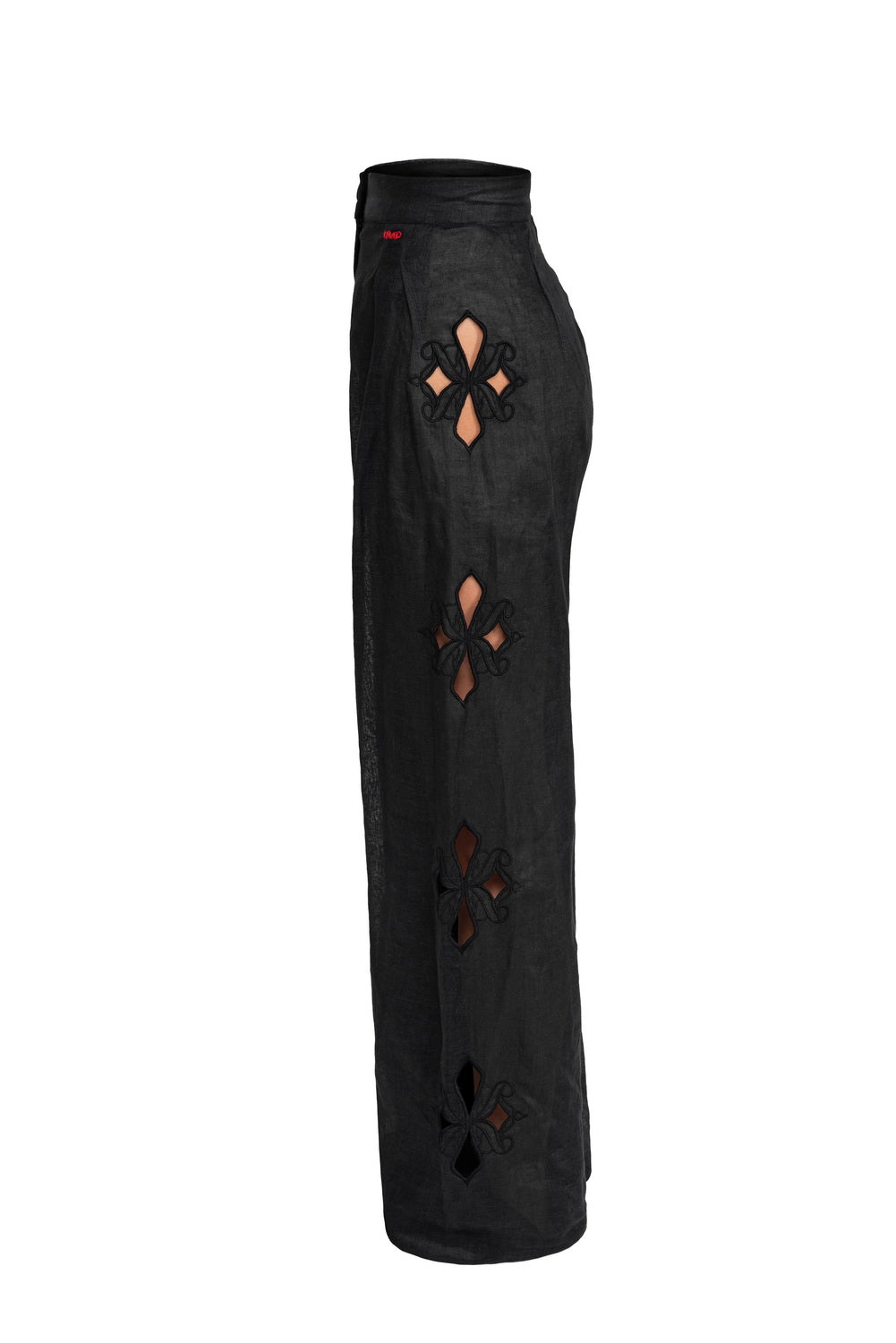 Pantaloni lungi negri din in cu decupaje