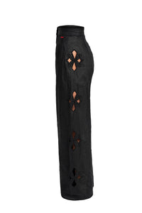 Pantaloni lungi negri din in cu decupaje