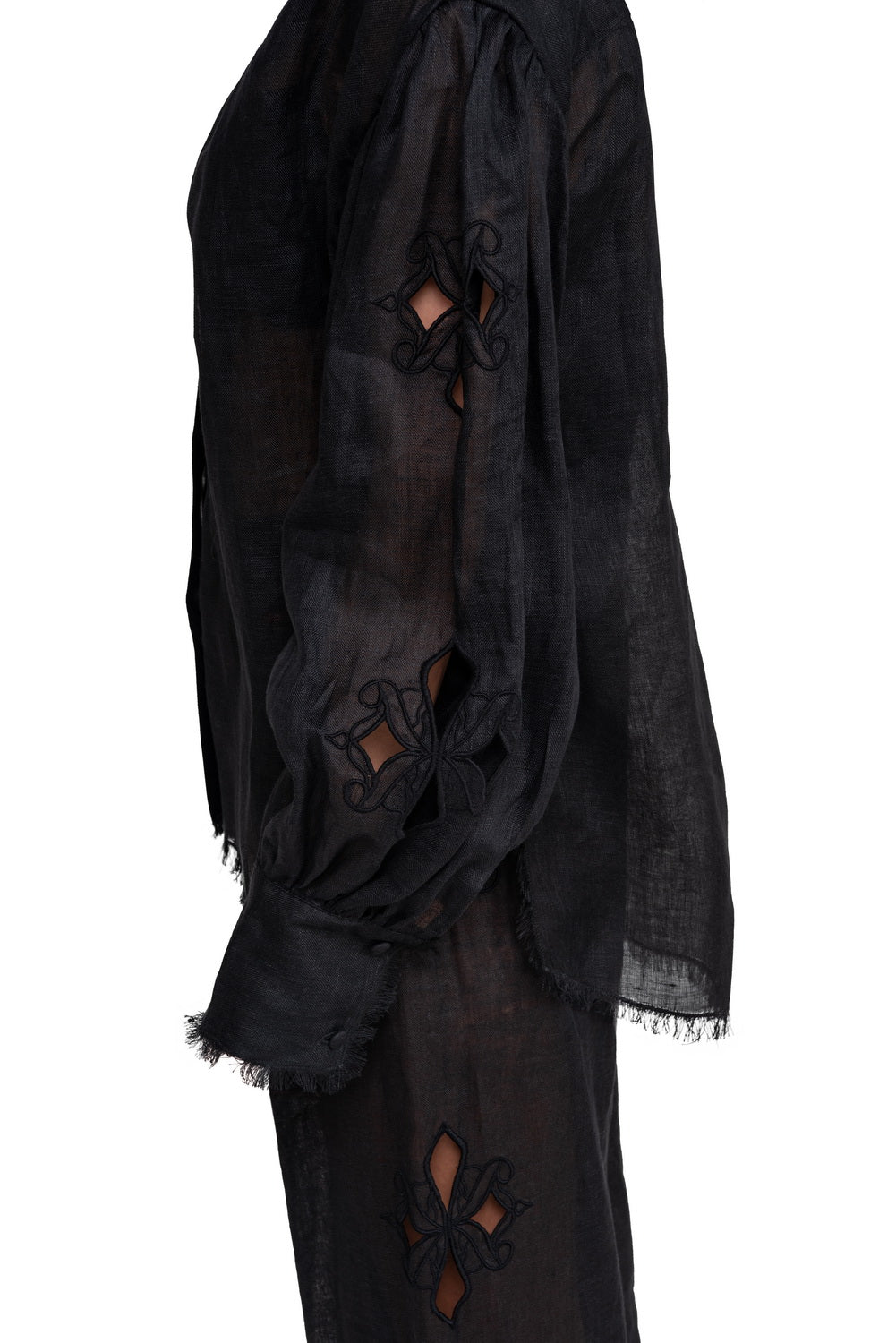 Pantaloni lungi negri din in cu decupaje