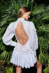 Embroidered semi fitted backless white dress