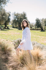 Load image into Gallery viewer, Embroidered mini linen white dress with ornaments Athena
