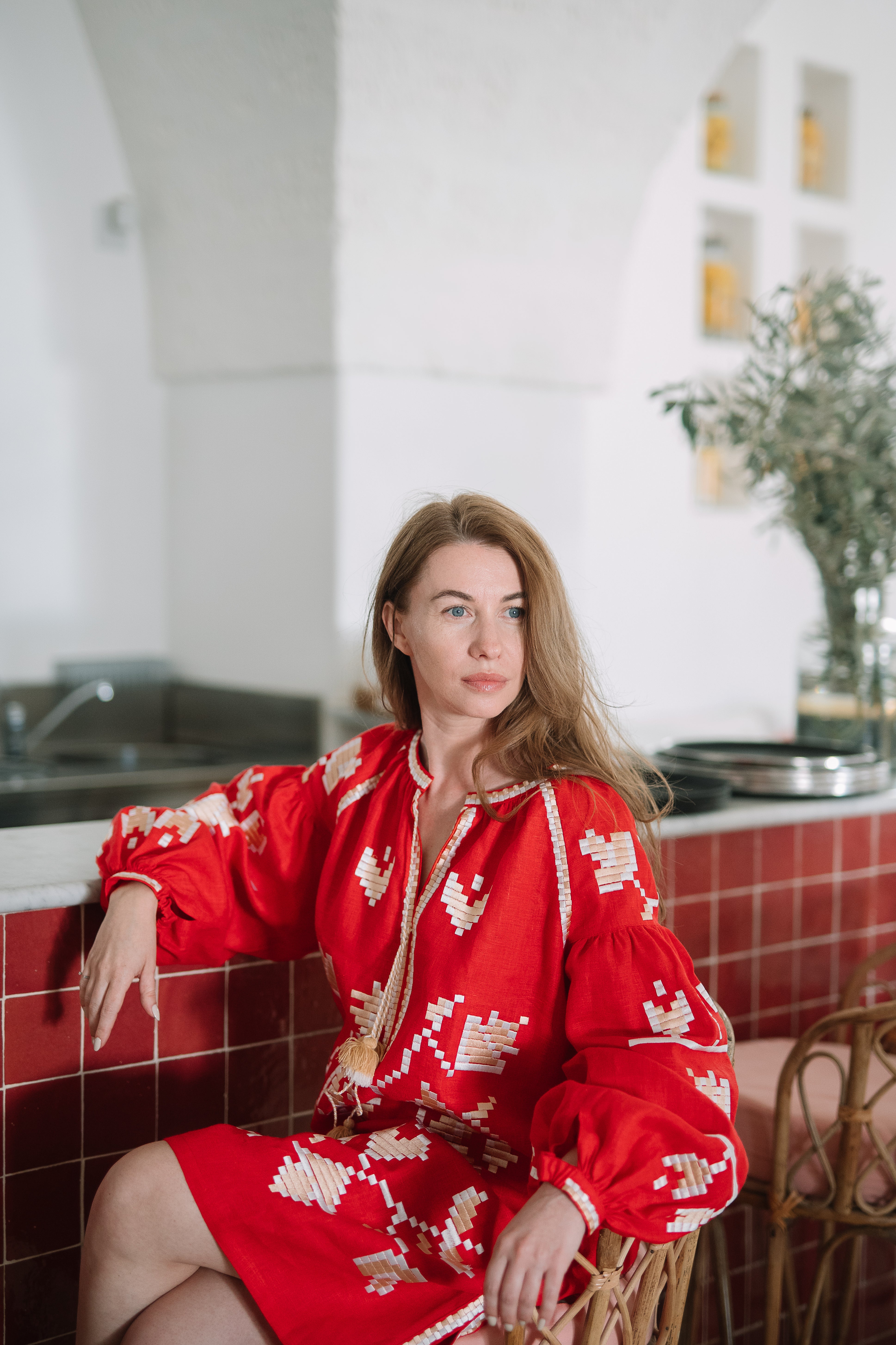 Embroidered midi linen red dress with ornaments - Calliope