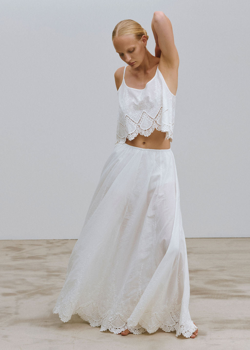 Long White Cotton Skirt with Embroidery