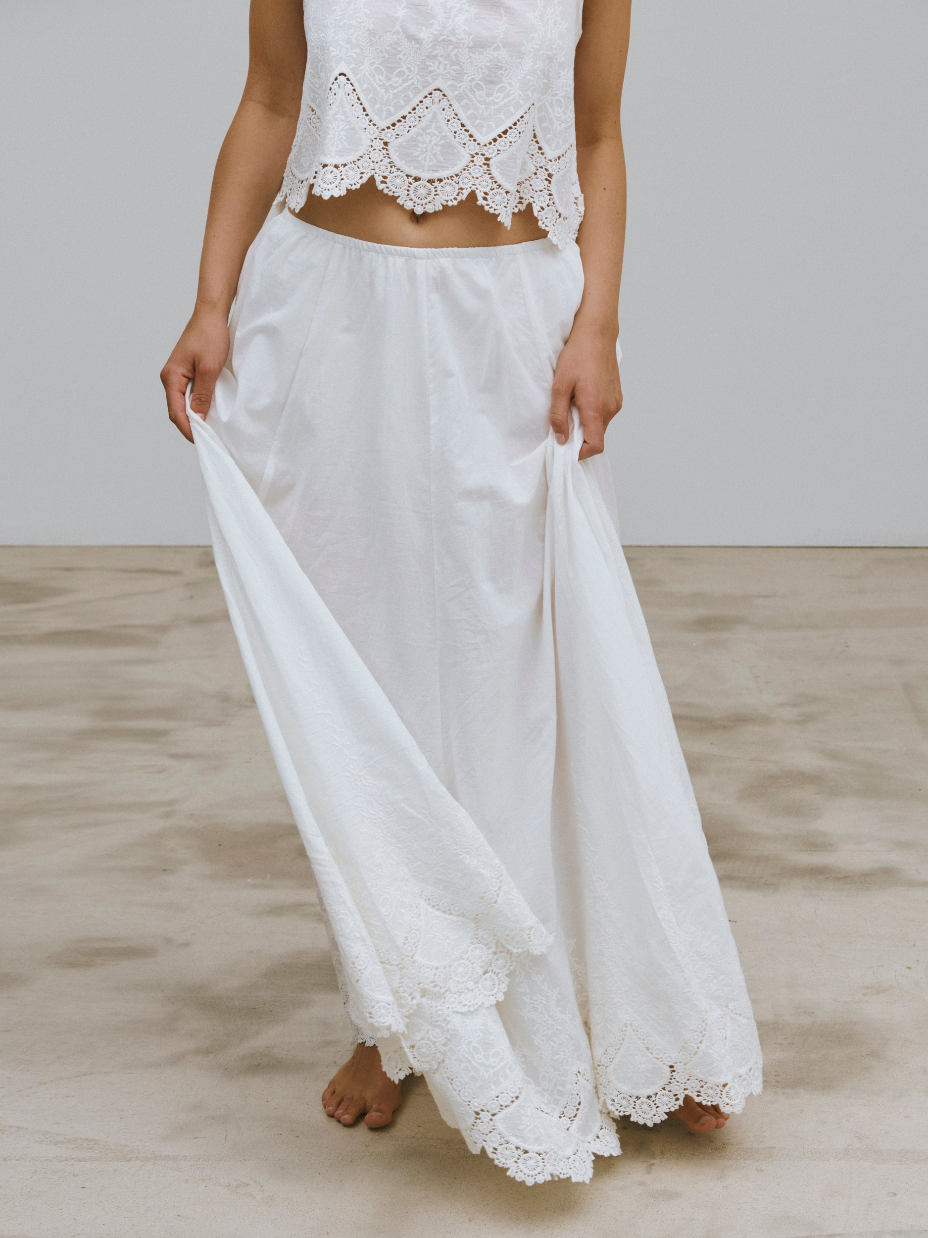 Long White Cotton Skirt with Embroidery