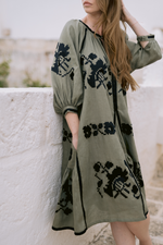 Load image into Gallery viewer, Embroidered midi linen ivory dress with ornaments Clarisse
