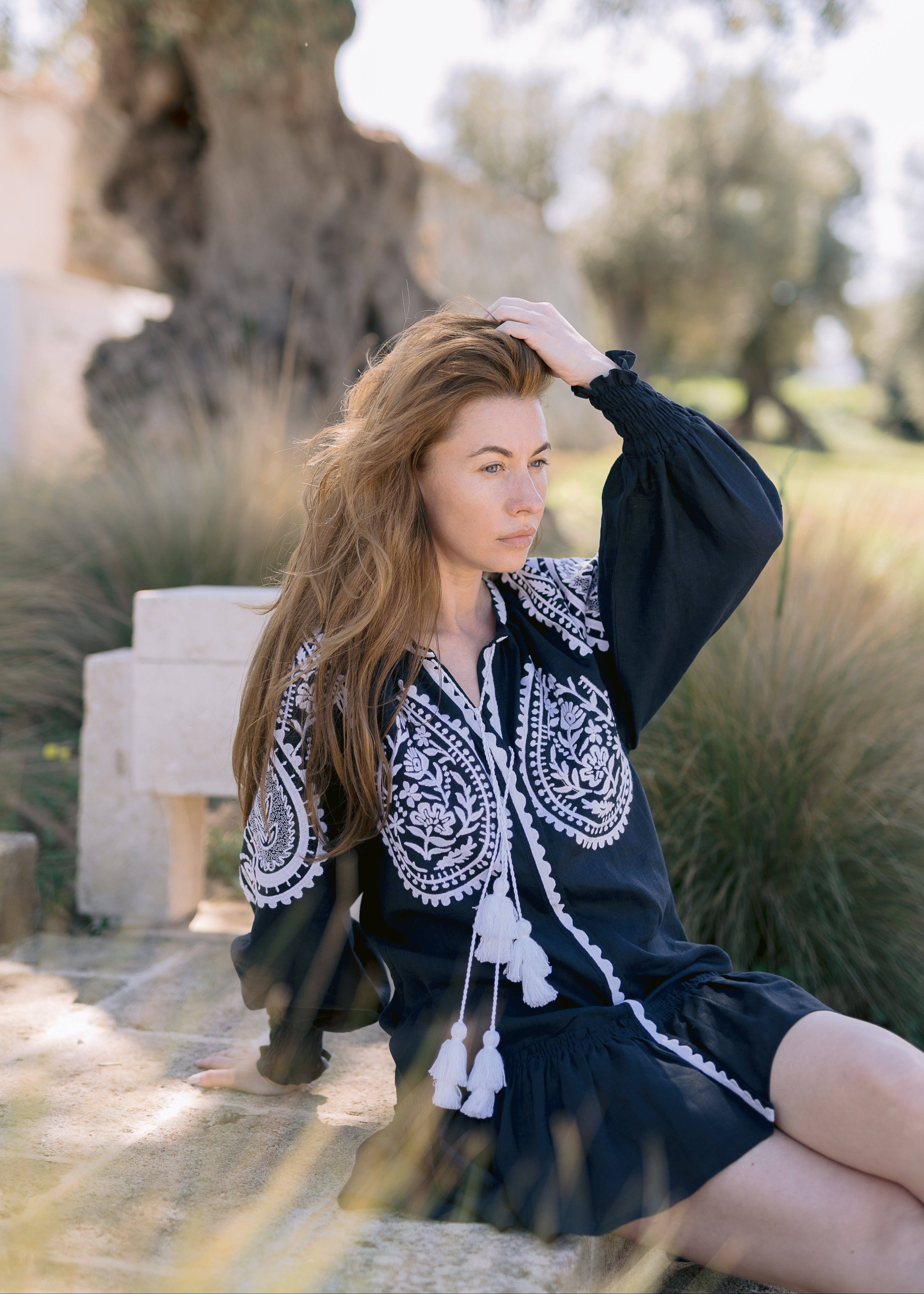 Colorful Embroidered Natural Linen Mini Dress – Electra