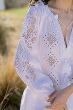 Load image into Gallery viewer, Embroidered mini linen white dress with ornaments Athena
