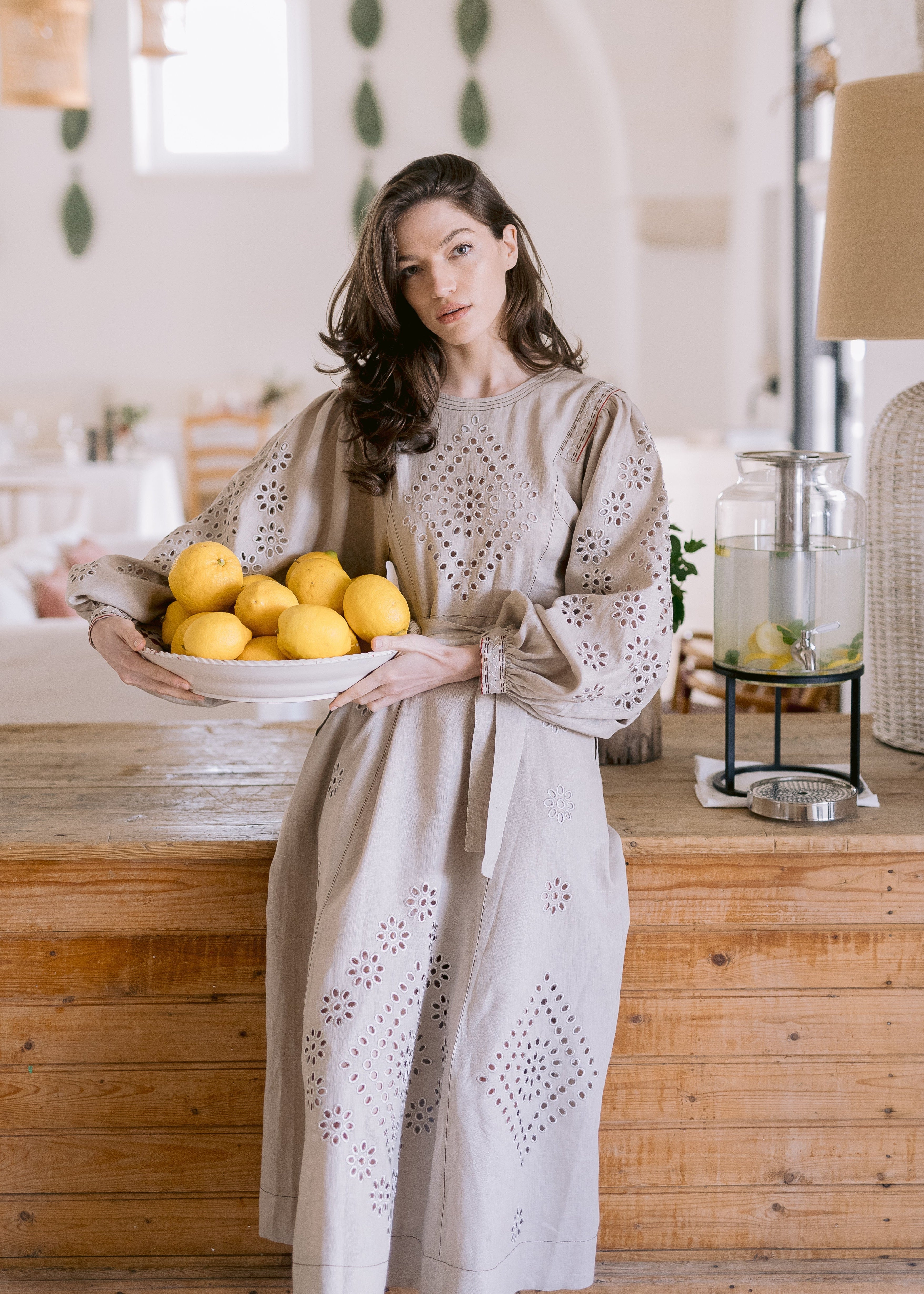 Embroidered Maxi Linen Dress with Voluminous Sleeves - Sashenka