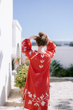 Load image into Gallery viewer, Embroidered midi linen red dress with ornaments Calliope
