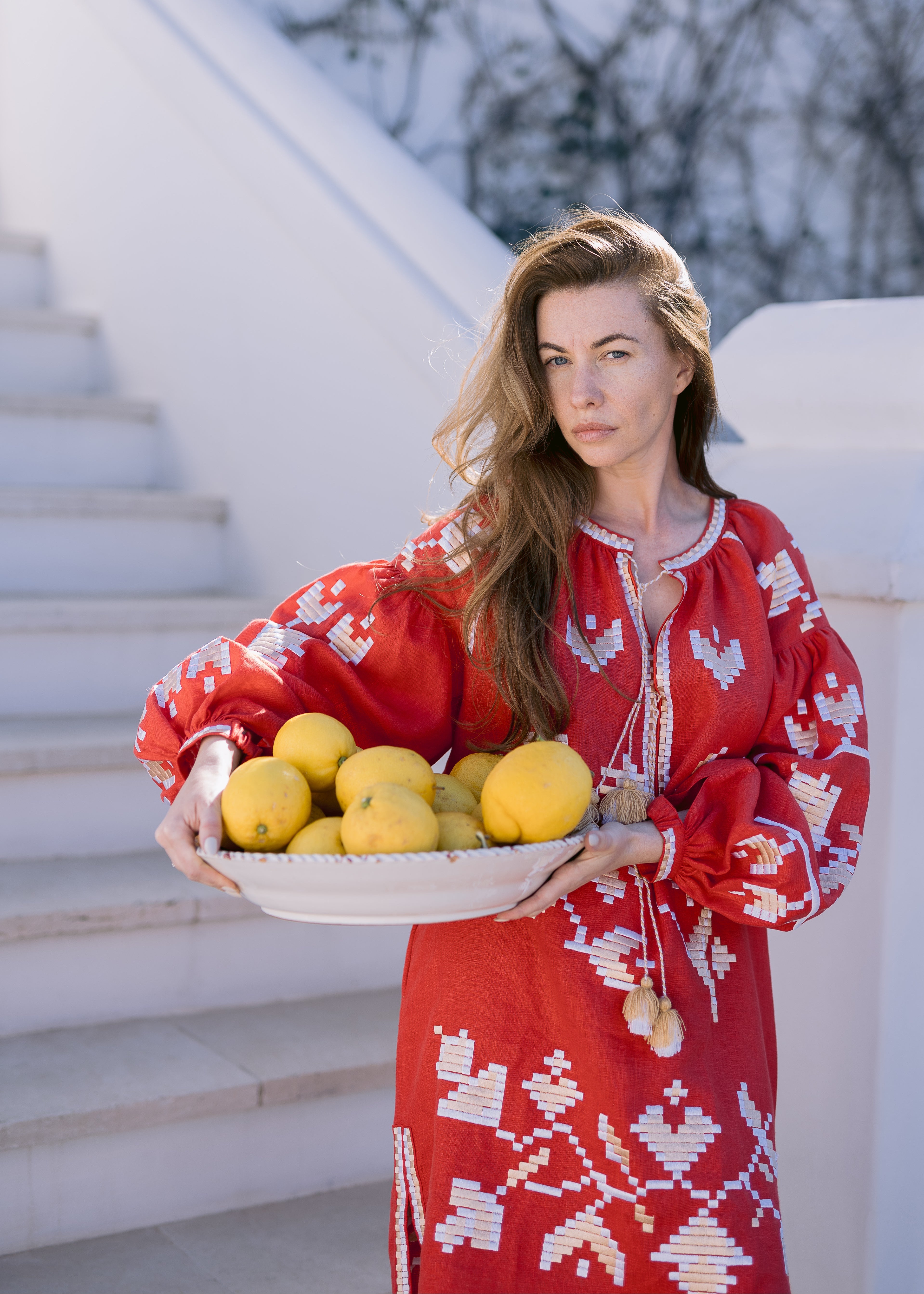 Embroidered midi linen red dress with ornaments - Calliope