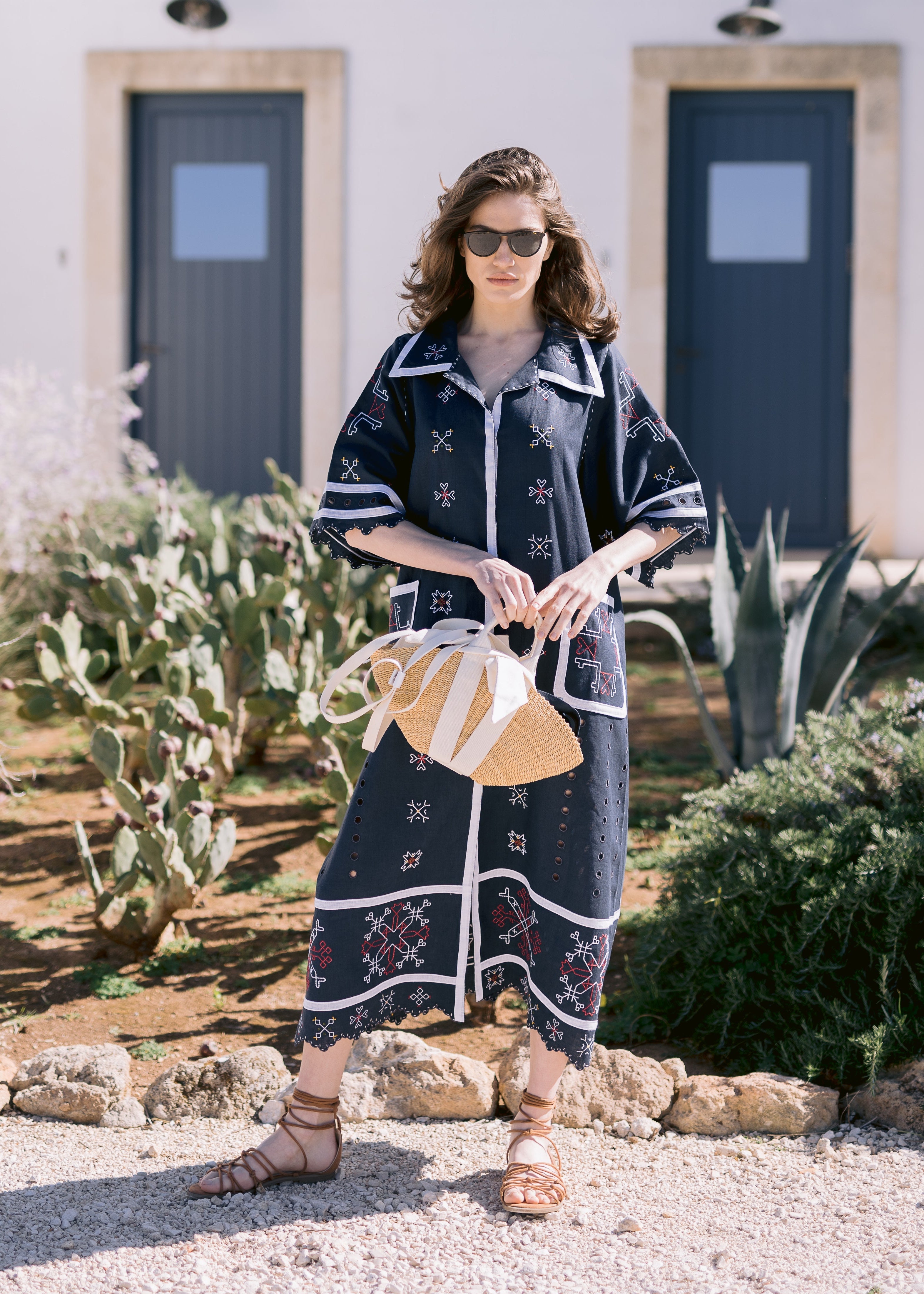 Dark Blue Embroidered Linen Maxi Dress with Short Sleeves – Edesia