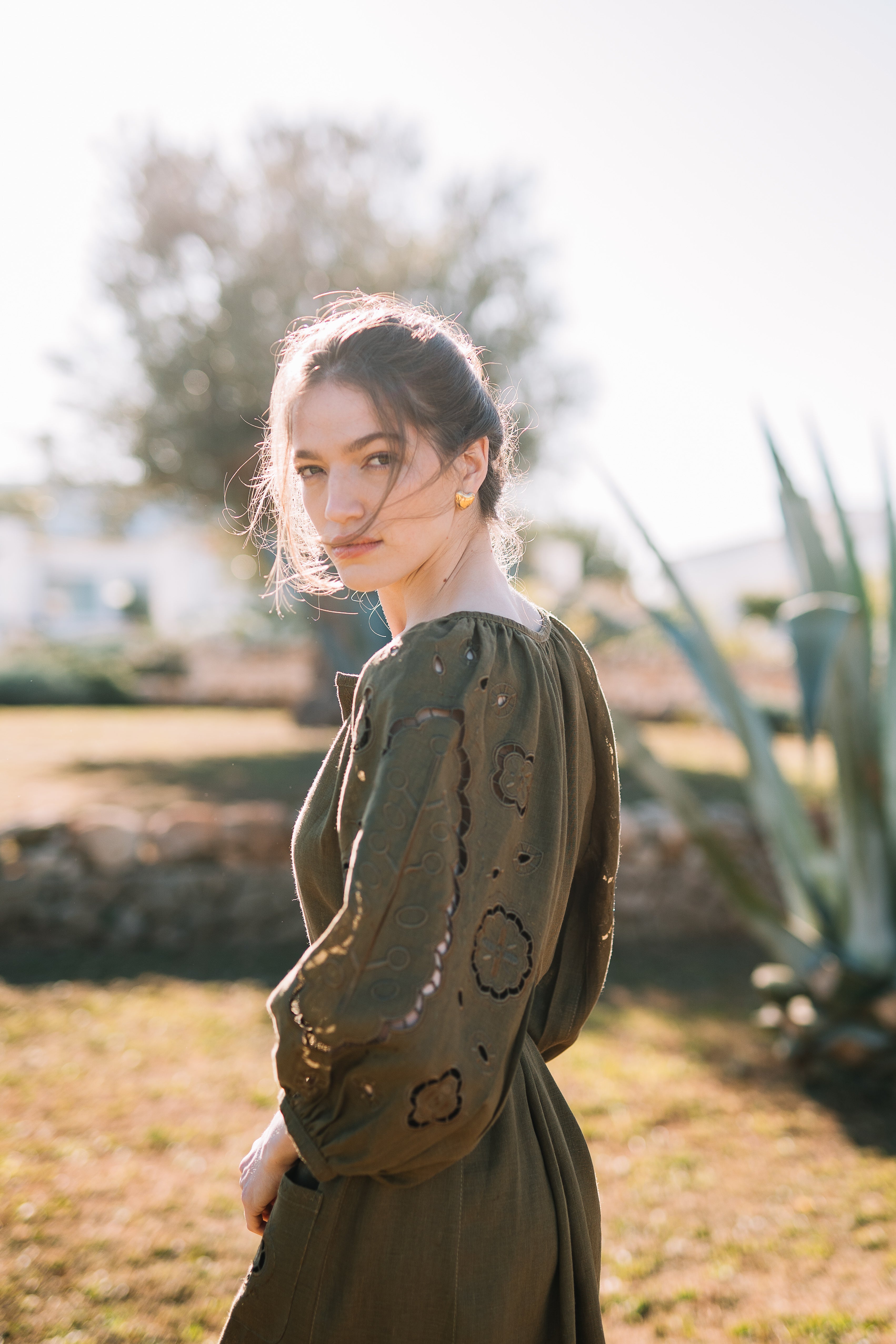 Embroidered midi linen green olive dress with ornaments Laetitia