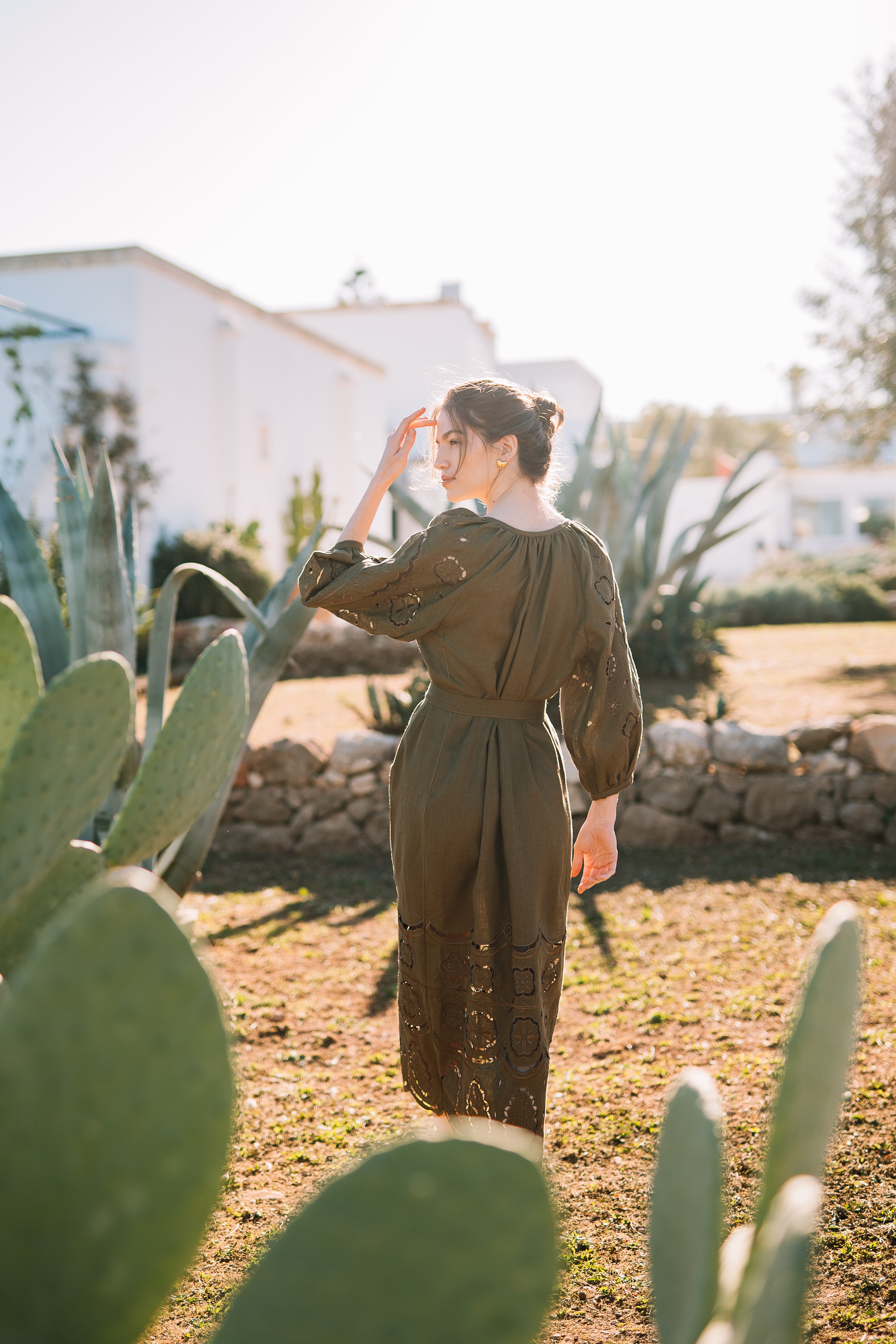 Embroidered midi linen green olive dress with ornaments Laetitia
