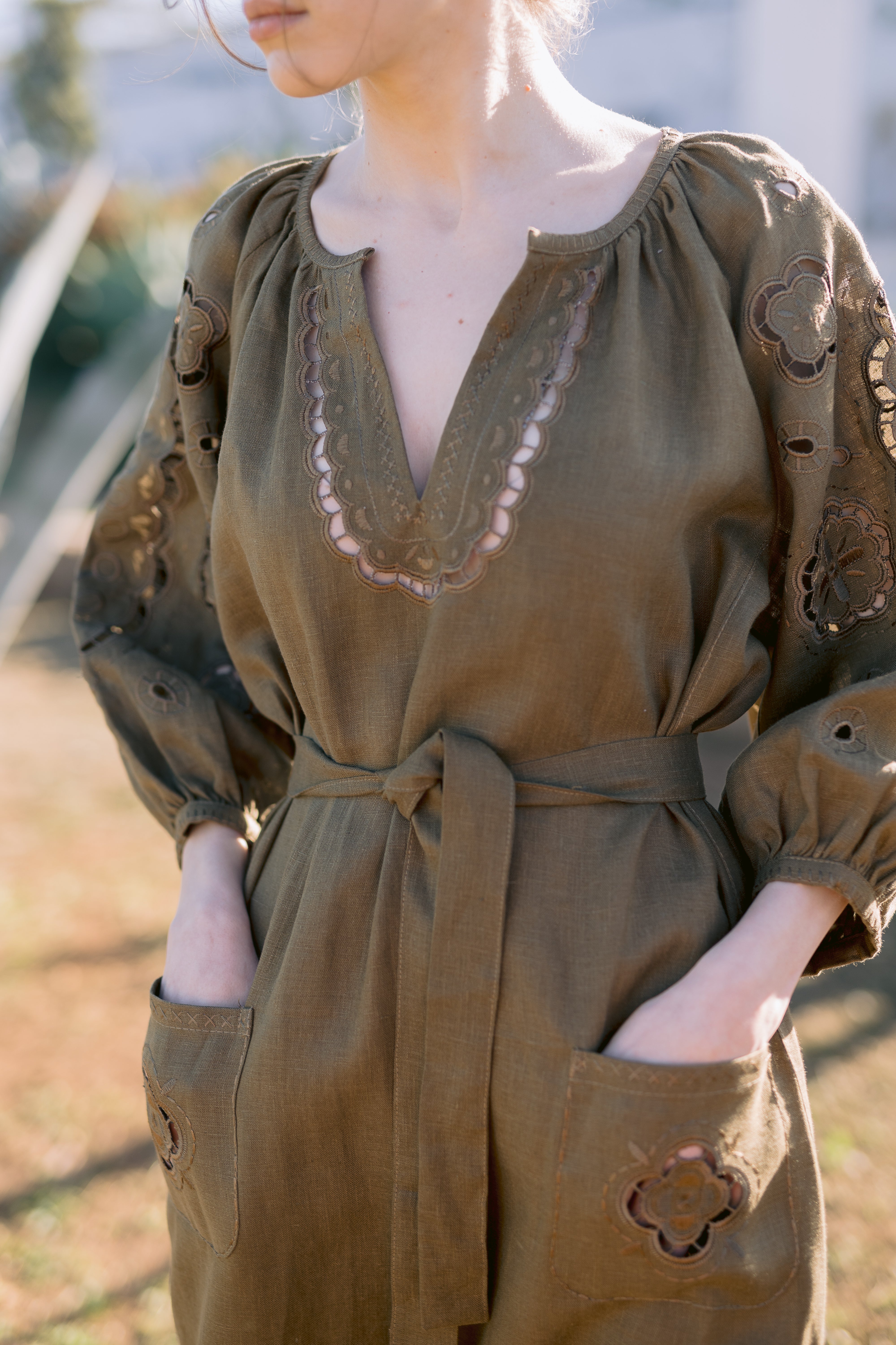 Embroidered midi linen green olive dress with ornaments Laetitia