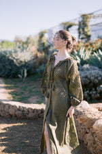 Load image into Gallery viewer, Embroidered maxi linen olive green dress with ornaments Nemesis
