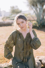 Load image into Gallery viewer, Embroidered maxi linen olive green dress with ornaments Nemesis
