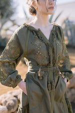Load image into Gallery viewer, Embroidered maxi linen olive green dress with ornaments Nemesis

