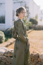 Load image into Gallery viewer, Embroidered maxi linen olive green dress with ornaments Nemesis
