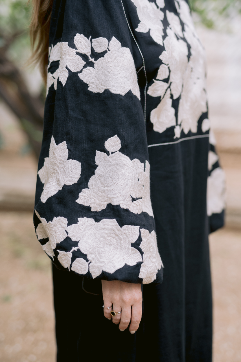 Embroidered Linen Midi Dress with Floral Details – Flora