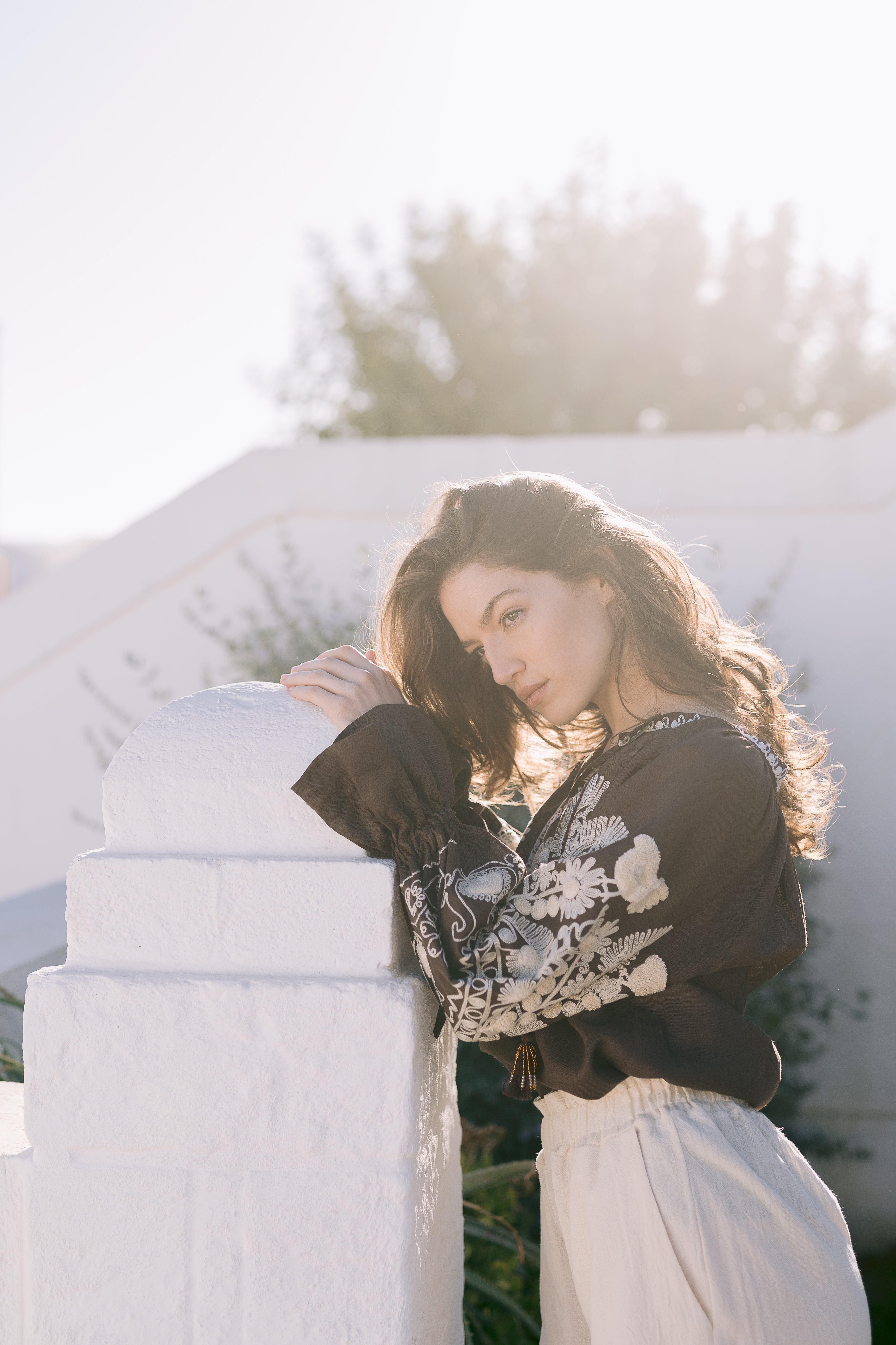 Bluză Petra din in natural de culoare maro cu broderie bogată ivoar