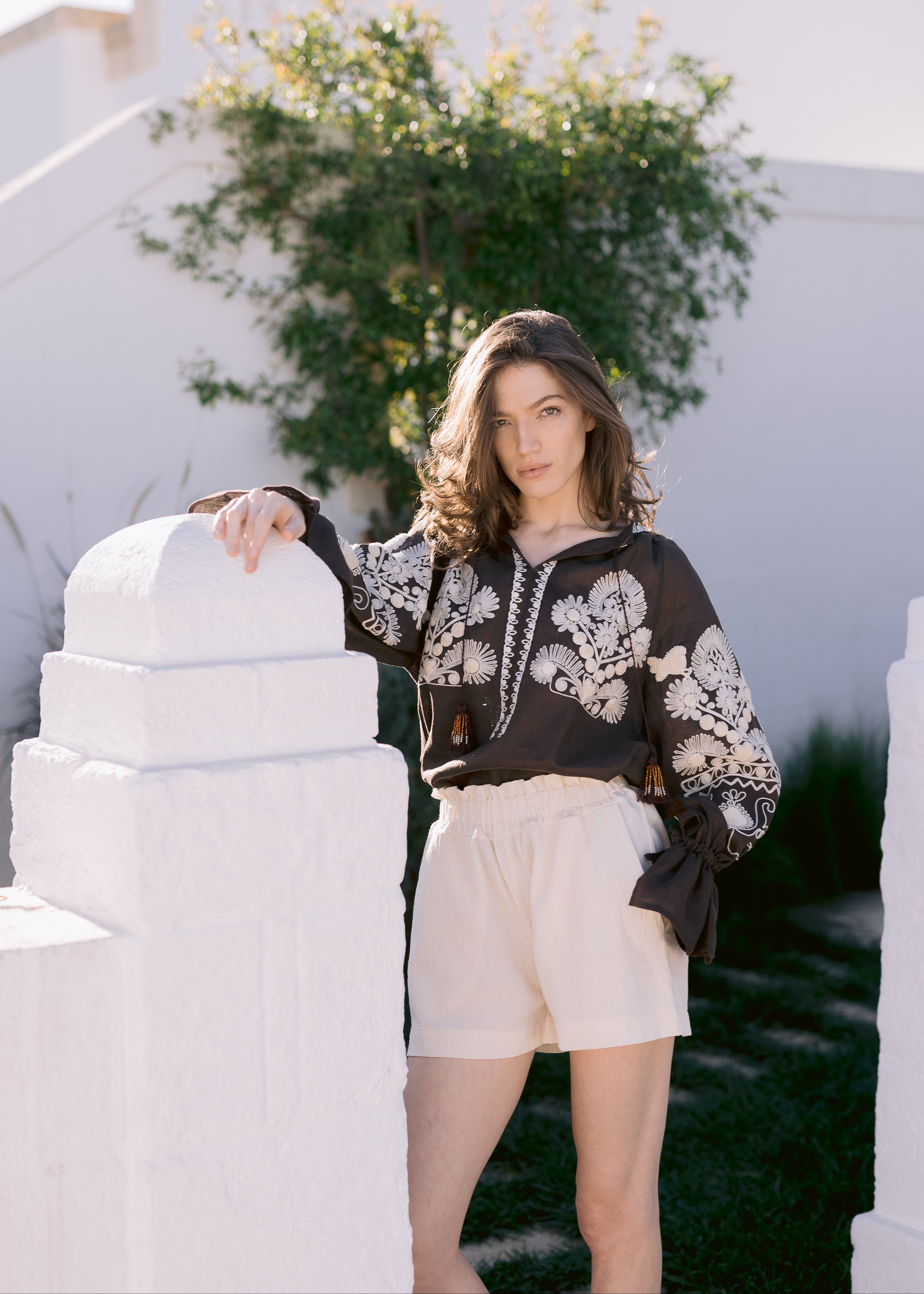 Embroidered Linen Blouse with Statement Sleeves – Petra