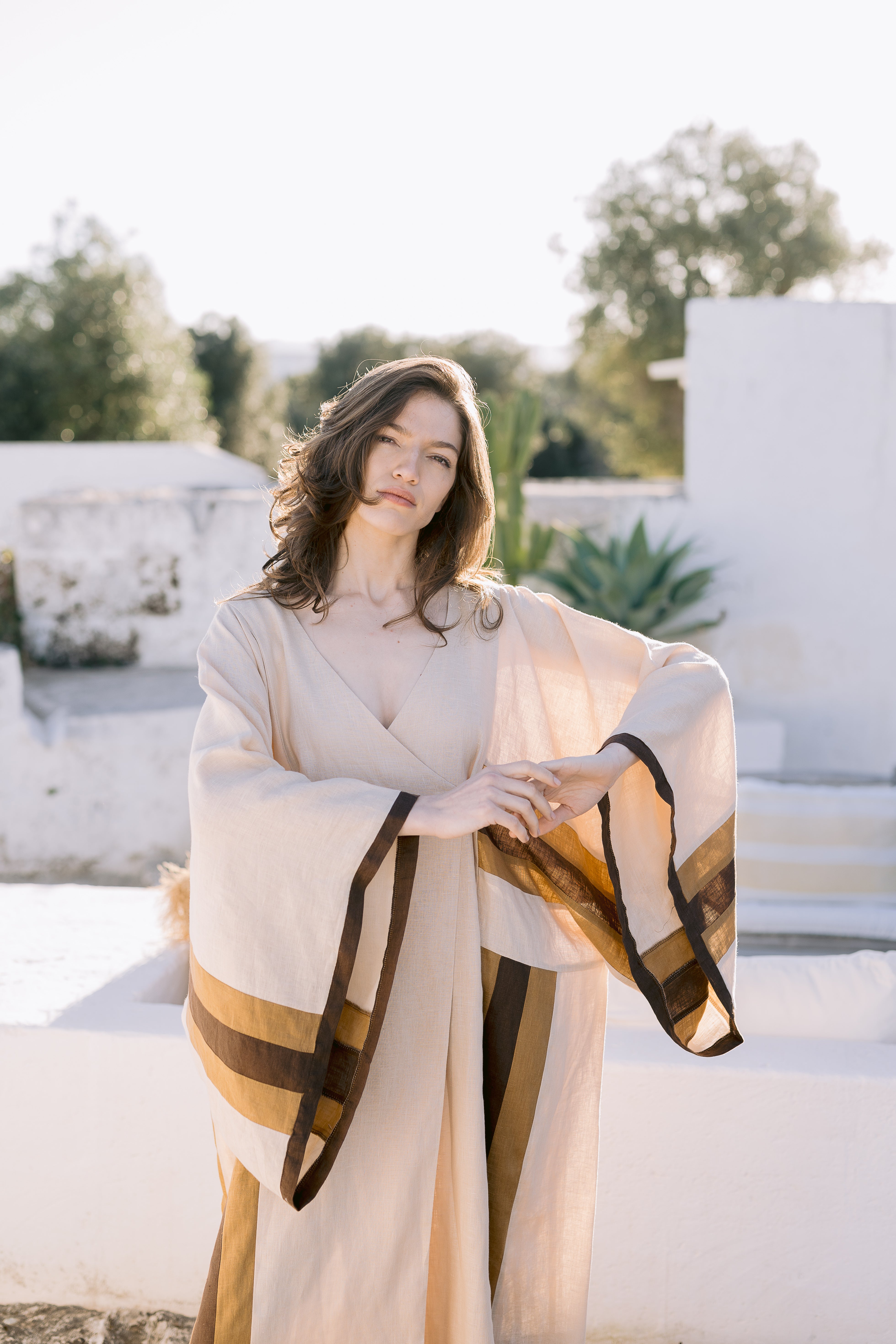Embroidered Maxi Linen Kimono brown stripes – Tamara