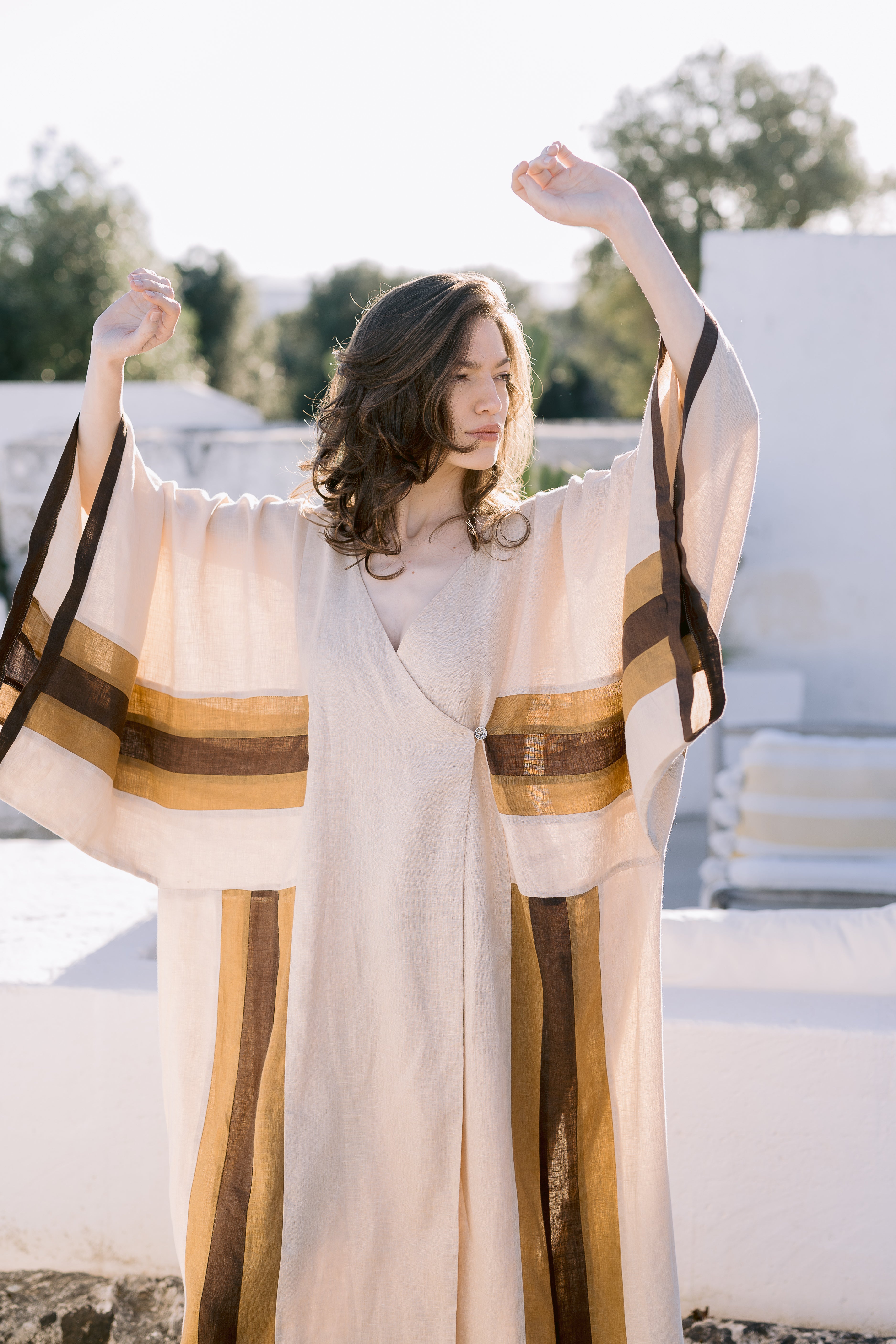 Embroidered Maxi Linen Kimono brown stripes – Tamara