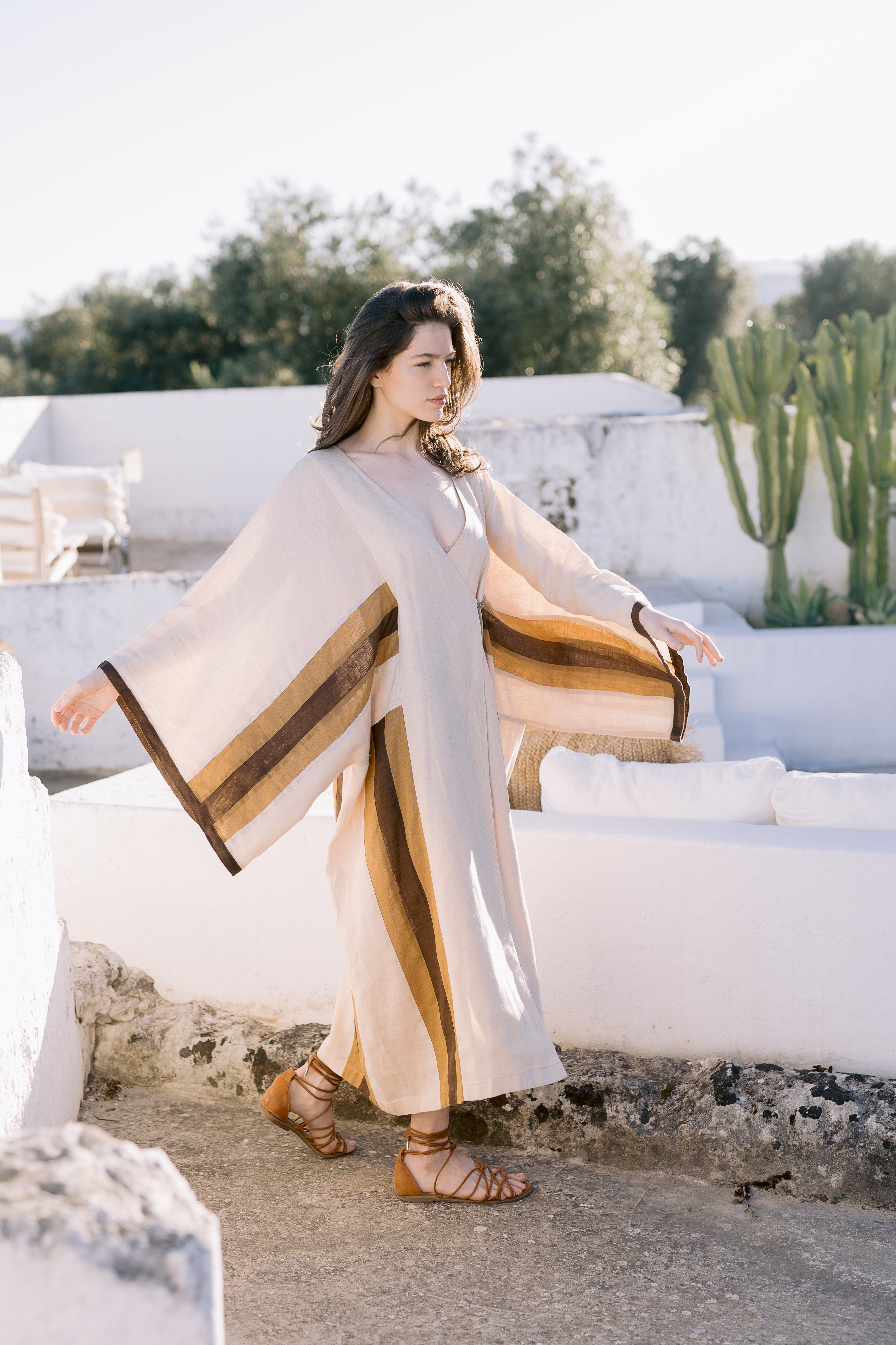 Embroidered Maxi Linen Kimono brown stripes – Tamara