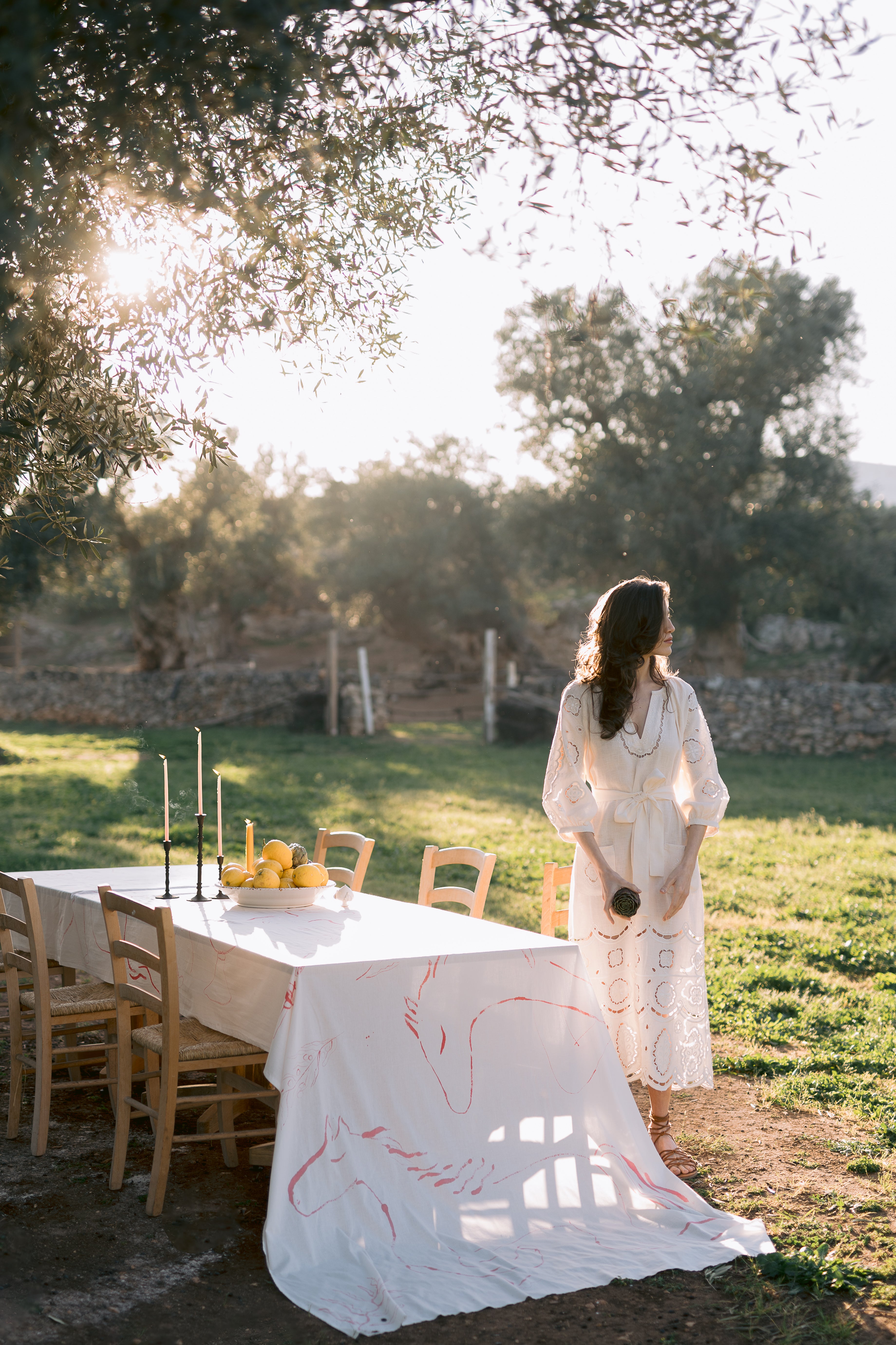 Embroidered midi linen ivrory dress with ornaments Laetitia