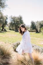 Load image into Gallery viewer, Embroidered mini linen white dress with ornaments Athena
