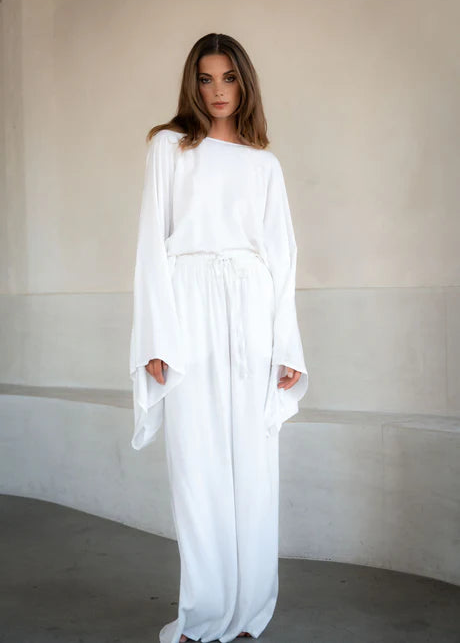 White Cotton Hemp Fluid Trousers