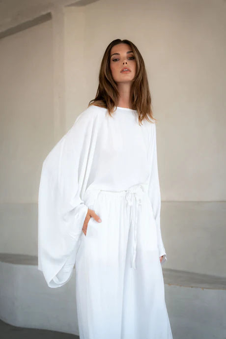 White Cotton Hemp Fluid Trousers