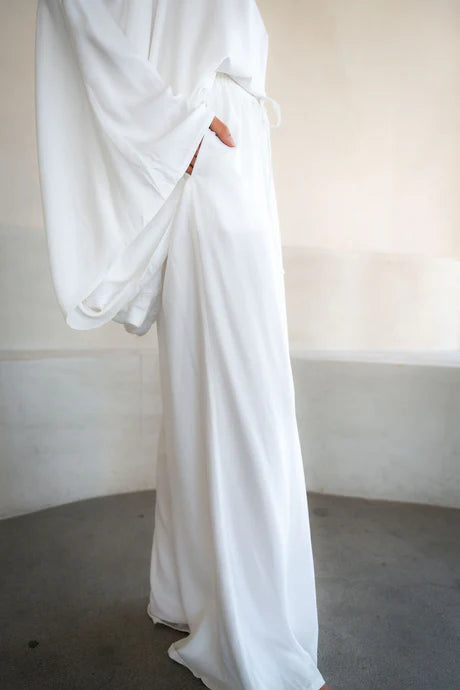 White Cotton Hemp Fluid Trousers