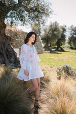 Load image into Gallery viewer, Embroidered mini linen white dress with ornaments Athena
