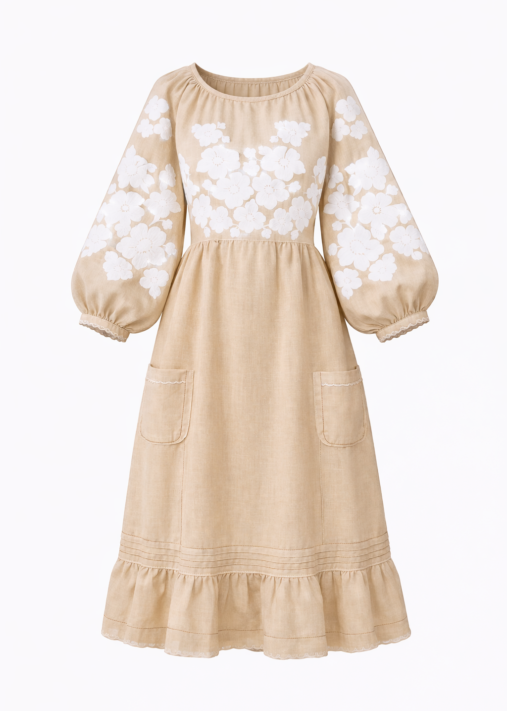 Embroidered Linen Midi Dress with Floral Details – Flora