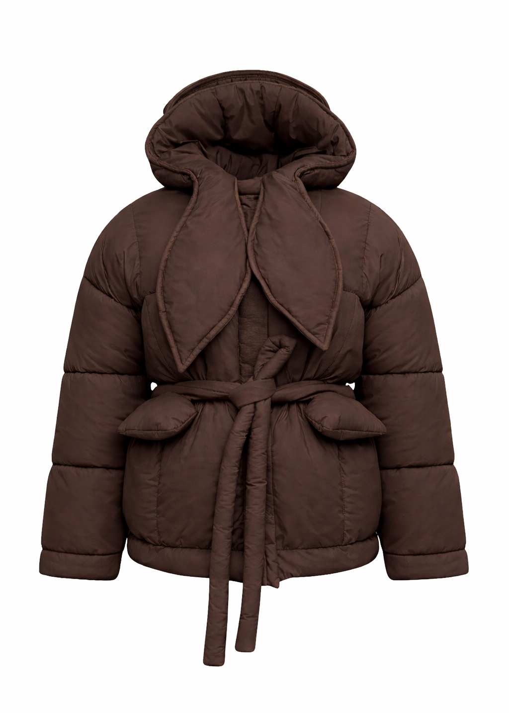 Brown Hooded Goose-Down Puffer Jacket with Bunny Scarf