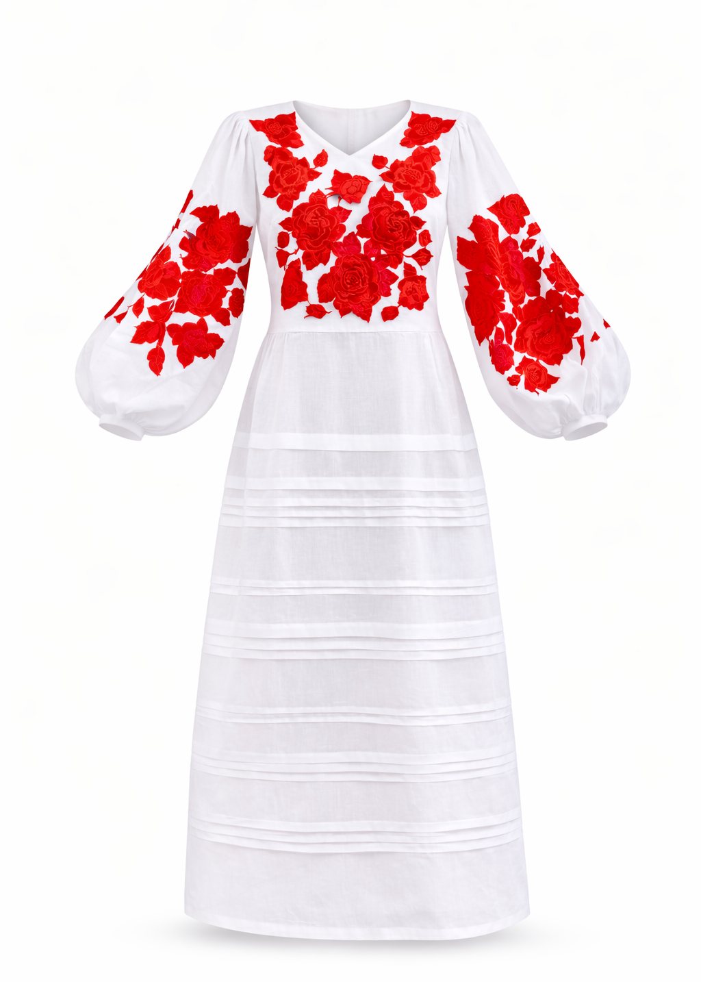 Rochie Anemona midi din in natural de culoare alb cu broderie florală roșie